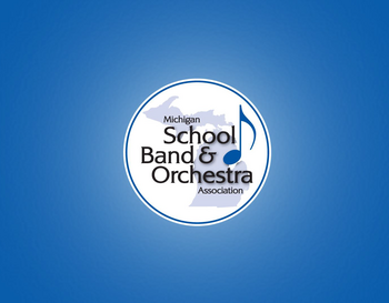 Blue black ground with the image of state of Michigan in background and white circular logo that readsMichigan School Band & o Orchestra Association