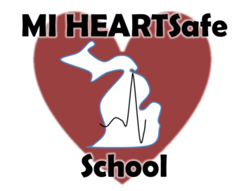 Logo of MI HEARTSafe School featuring a red heart with a white silhouette of a person and an electrocardiogram line, underlined by the text 