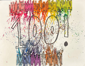 Artwork created by melting an array of colorful crayons, resulting in multicolored drips and splatters on a white canvas, with the number 