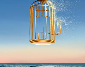 An open birdcage with its door ajar, releasing sparkles into the air, floats above a serene beach at sunset.