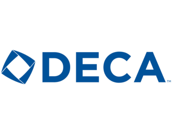 Logo of DECA featuring a blue diamond shape next to the capitalized letters 