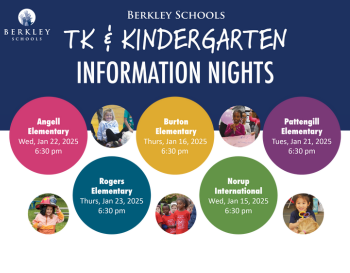 Promotional graphic for Berkley Schools TK & Kindergarten Information Nights, featuring event dates and times for Angell Elementary, Burton Elementary, Pattengill Elementary, Rogers Elementary, and Norup International. Each school is represented by a colorful circle with a child's photo.