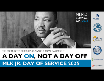 Promotional image for MLK Jr. Day of Service 2025 featuring a thoughtful portrait of Martin Luther King Jr. Text announces 