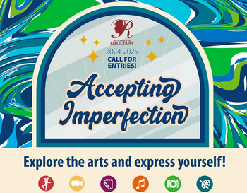 Promotional graphic for Reflections 2024-2025 titled 'Accepting Imperfection.' Features vibrant blue and green swirls with a circular center displaying the event details. Icons represent different arts categories: dance, film, literature, music, photography, and visual arts. 