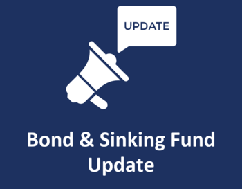 Graphic with a megaphone icon and a speech bubble that reads 'UPDATE,' titled 'Bond & Sinking Fund Update' on a navy blue background.