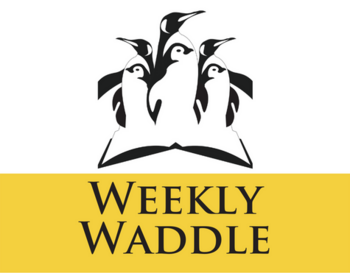 Weekly Waddle Logo with Penguins standing on an open book