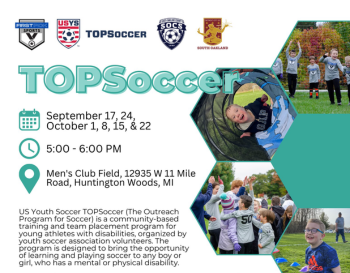 Promotional flyer for TOPSoccer, a US Youth Soccer program for athletes with disabilities. Features dates and location details, and photos of young participants playing soccer, surrounded by nature.