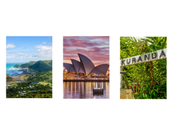 From left to right: Aerial view of a lush coastal area, Sydney Opera House at sunset reflecting on water, and a close-up of a sign saying 'Kuranda' surrounded by green foliage.