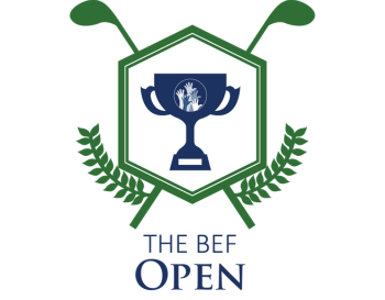 Logo of The BEF Open featuring a stylized trophy inside a hexagonal frame, flanked by two laurel branches, all presented in shades of blue and green.