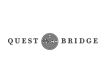 Logo of QuestBridge featuring stylized text next to a circular maze-like design.