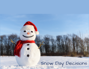 A snowman wearing a Santa hat and a red scarf, with a cheerful smile and stick arms, stands in a snowy field under a clear blue sky. The text 