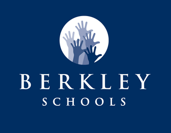 Logo of Berkley Schools featuring a white circle with stylized raised hands on a dark blue background, with the text 